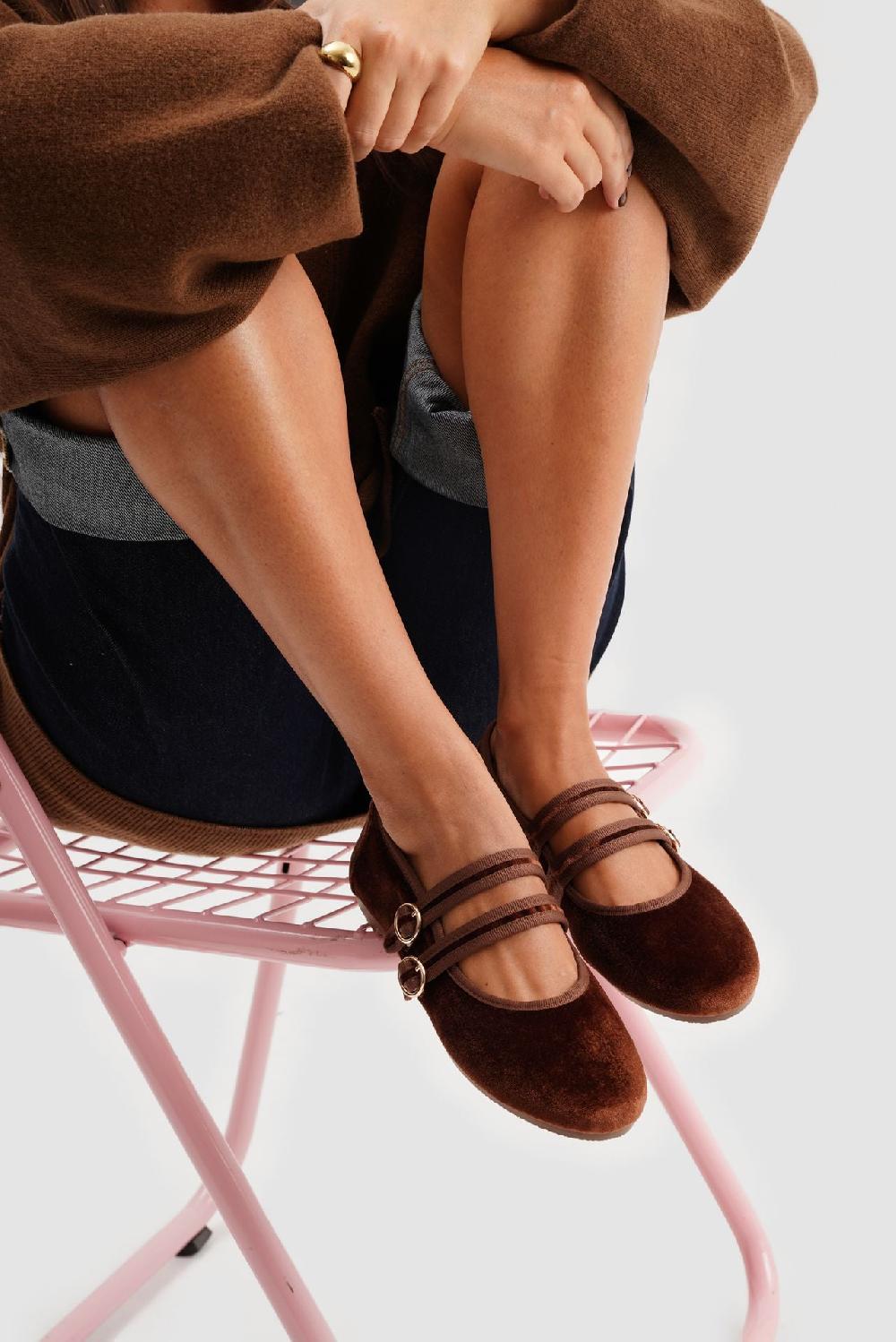 Paez MARY JANE DOUBLE STRAP VELVET BROWN