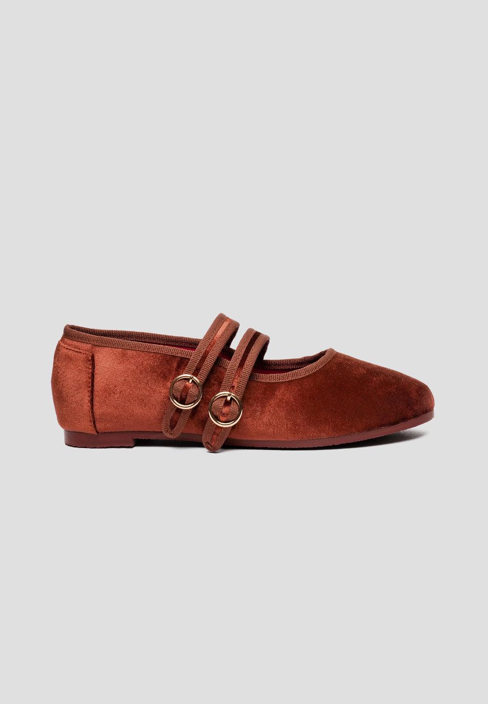 paez MARY JANE DOUBLE STRAP VELVET BROWN