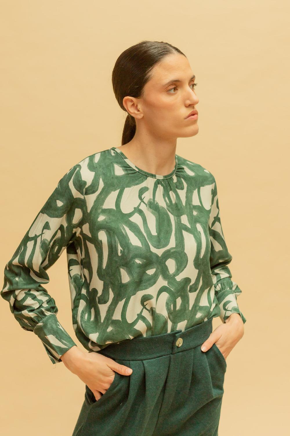 Pan Producto Básico Blusa Estampada Cuello Rizado