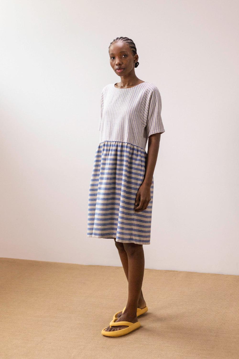 Pan Producto Básico Vestido Dos Tejidos Rayas Azules