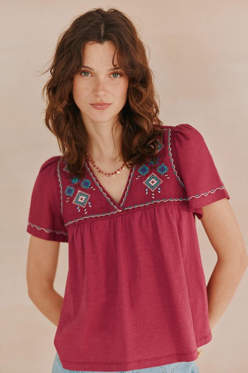 pedro del hierro Malena. Camiseta con bordados étnicos