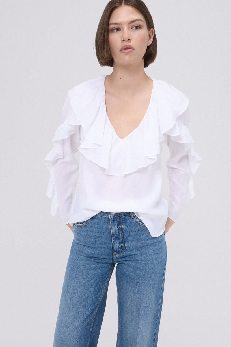 Pedro Del Hierro Blusa Blanca Con Volante