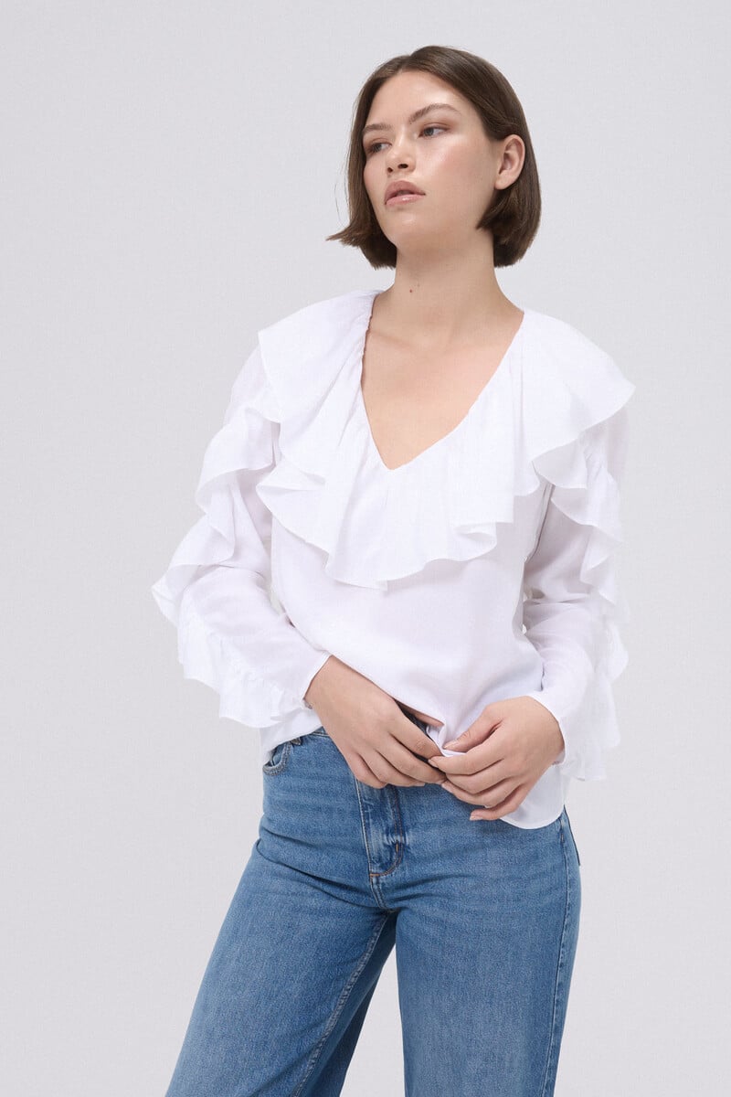 Pedro Del Hierro Blusa Blanca Con Volante