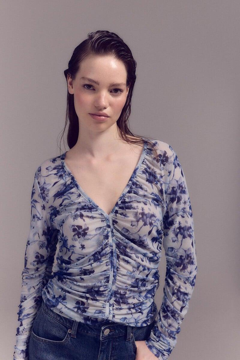 Pedro Del Hierro Top De Tul Estampado Fruncido