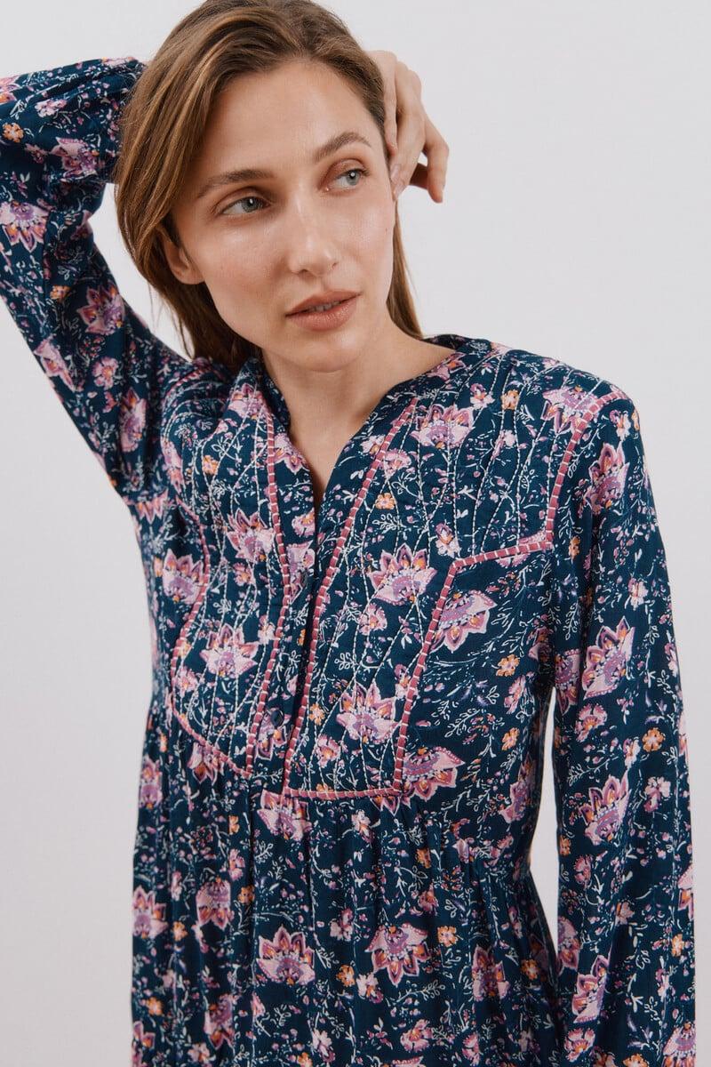 Pedro Del Hierro Vestido Largo Estampado Con Bordado A Contraste