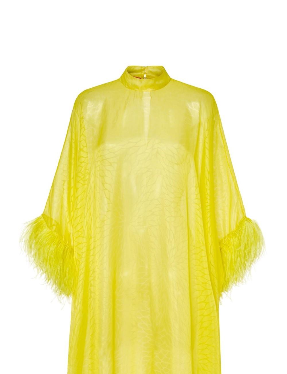 Pertegaz Kaftan Muselina Seda Floral Con Plumas Amarillo