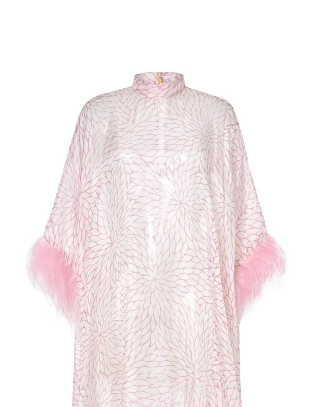 Pertegaz Kaftan Muselina Seda Floral Con Plumas Rosa