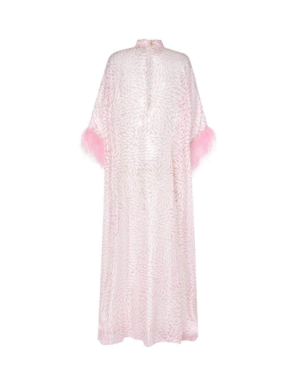 Pertegaz Kaftan Muselina Seda Floral Con Plumas Rosa
