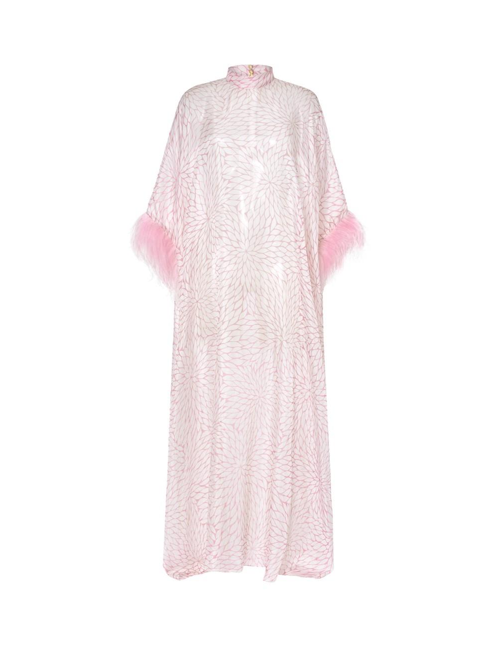pertegaz Kaftan muselina seda floral con plumas rosa