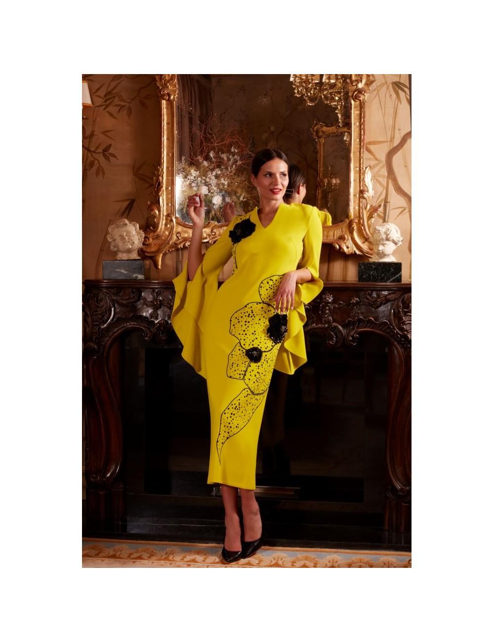 Pertegaz Vestido Volantes Con Print Y Bordado Floral Amarillo