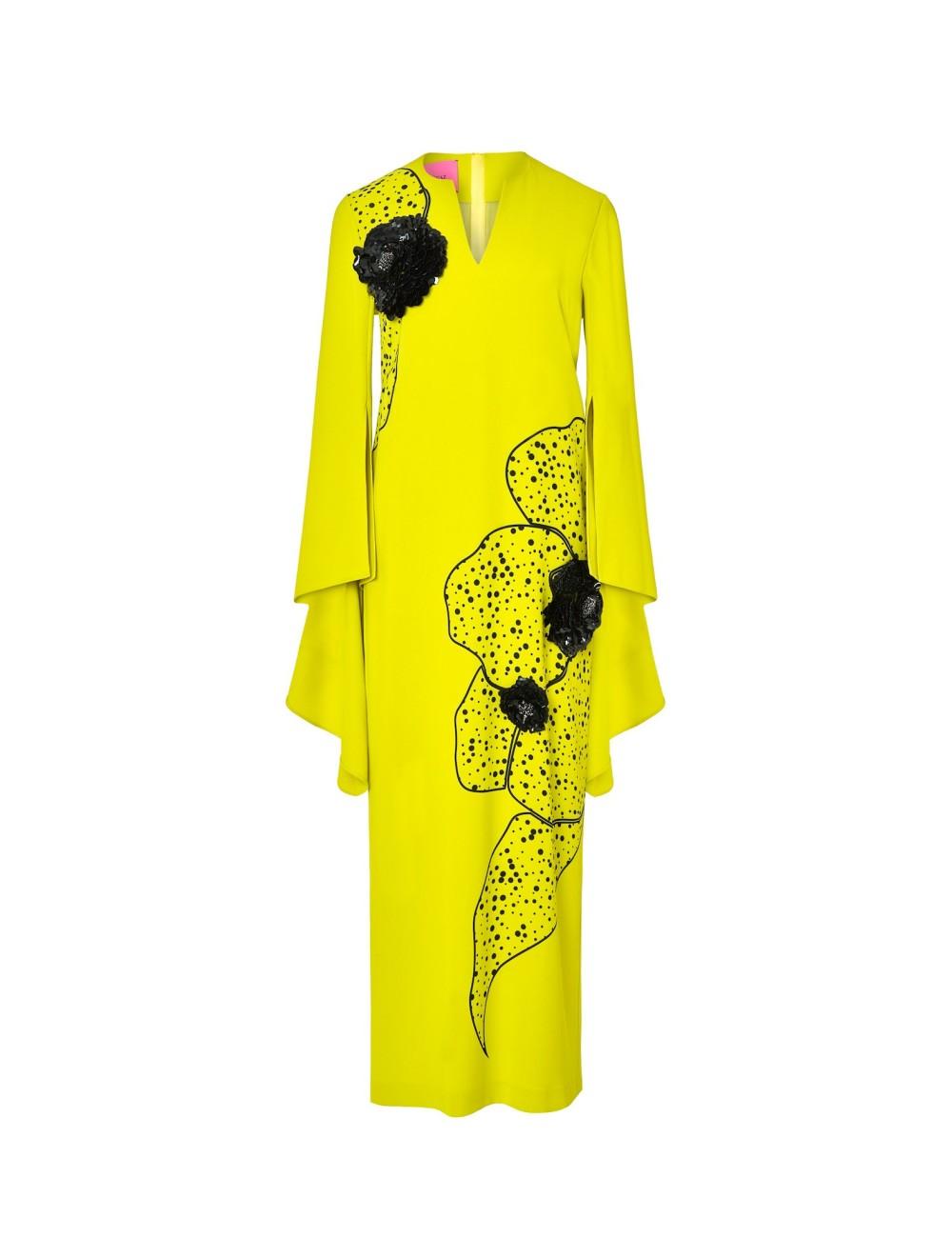 pertegaz Vestido volantes con print y bordado floral amarillo