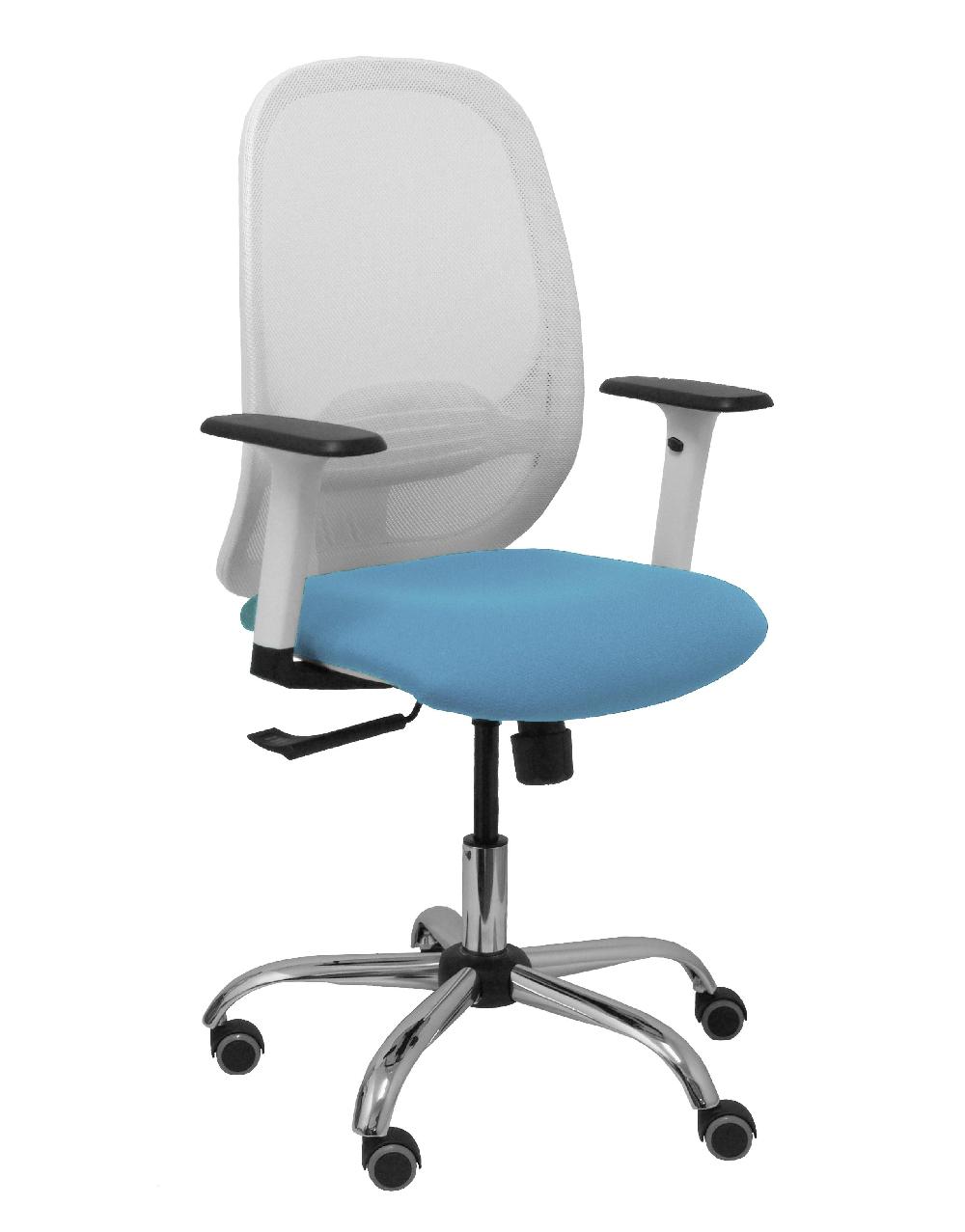 piqueras y crespo Silla Cilanco blanca malla blanca asiento bali azul cielo brazo regulable base cromada ruedas de parq ué
