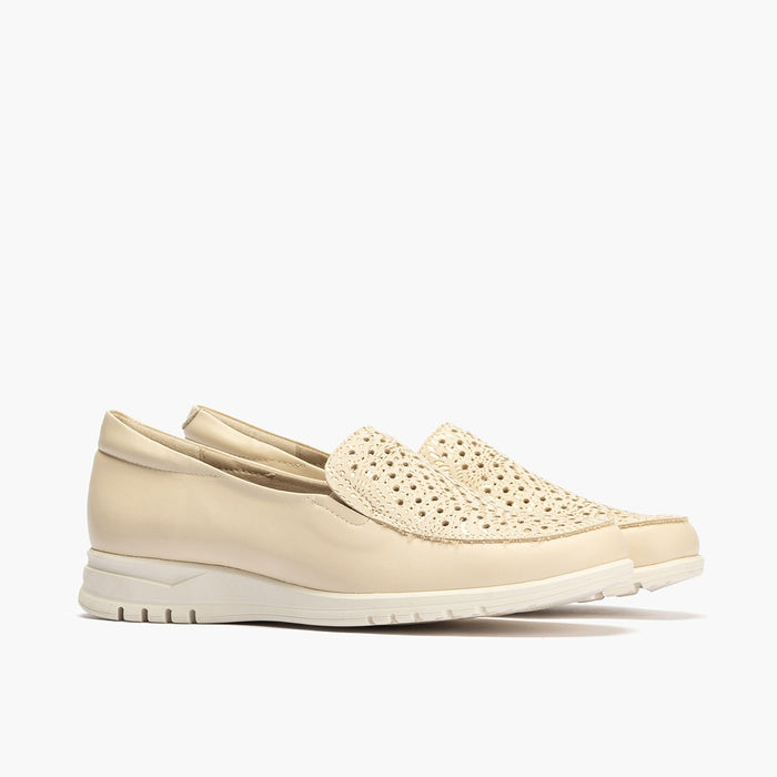 Pitillos Manoletina De Mujer Combinada Piel Con Grabado Y Suela De Goma CREMA