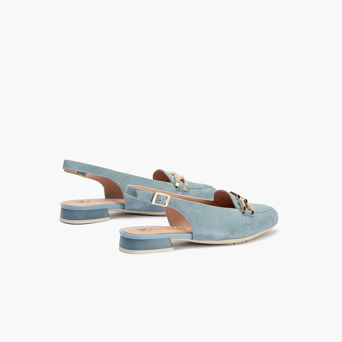 Pitillos Mocasines De Mujer Destalonados En Piel Ante Con Adorno Cadena Metálica AZUL