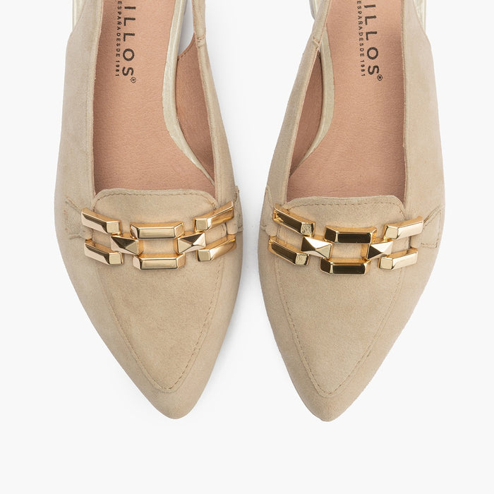 Pitillos Mocasines De Mujer Destalonados En Piel Ante Con Adorno Cadena Metálica BLANCO