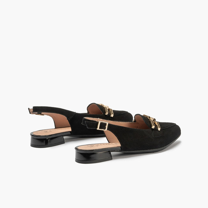 Pitillos Mocasines De Mujer Destalonados En Piel Ante Con Adorno Cadena Metálica NEGRO