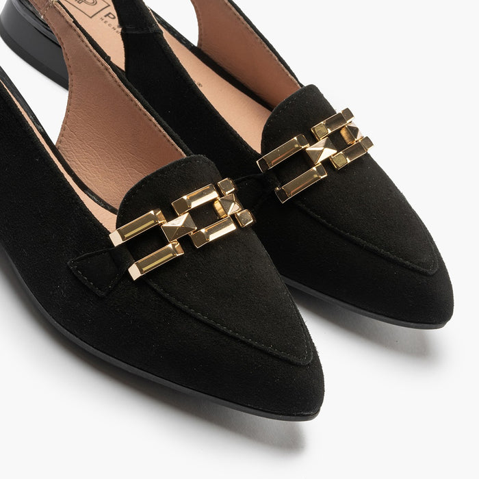 pitillos Mocasines de mujer destalonados en piel ante con adorno cadena metálica NEGRO