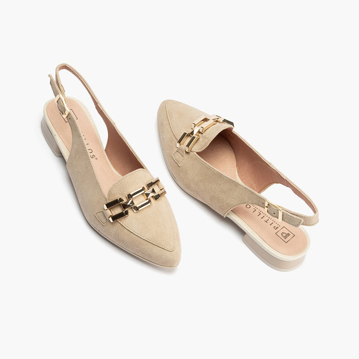 Pitillos Mocasines De Mujer Destalonados En Piel Ante Con Adorno Cadena Metálica BEIGE