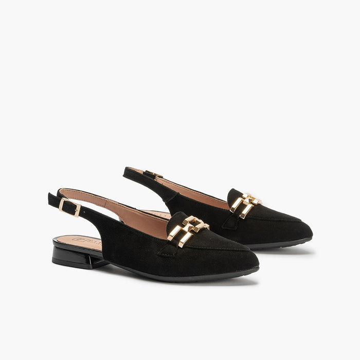 Pitillos Mocasines De Mujer Destalonados En Piel Ante Con Adorno Cadena Metálica NEGRO