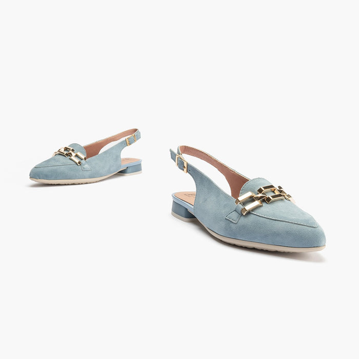 Pitillos Mocasines De Mujer Destalonados En Piel Ante Con Adorno Cadena Metálica AZUL