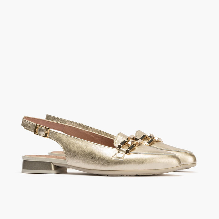 Pitillos Mocasines De Mujer Destalonados En Piel Laminada Con Adorno Cadena Metálica DORADO