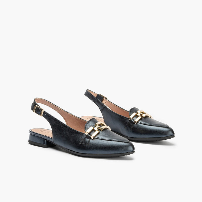 Pitillos Mocasines De Mujer Destalonados En Piel Laminada Con Adorno Cadena Metálica AZUL