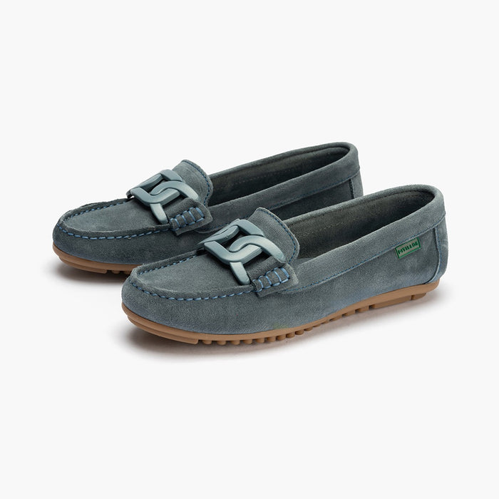 Pitillos Mocasines De Mujer En Ante Con Adorno Eslabón Y Suela De Goma AZUL