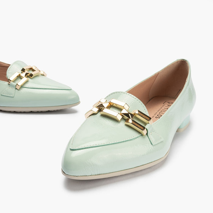 Pitillos Mocasines De Mujer En Charol Con Adorno Cadena Metálica AZUL