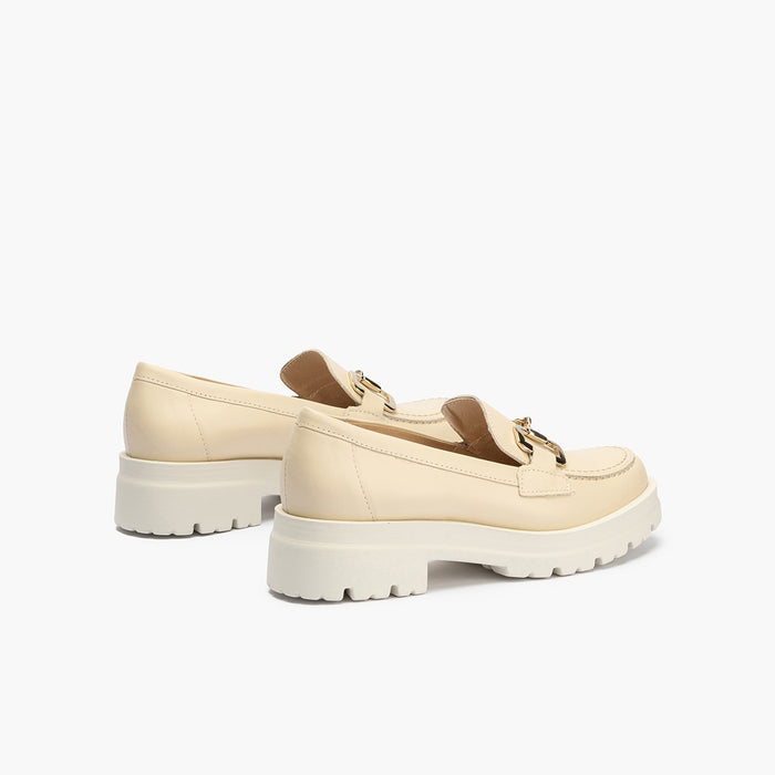 Pitillos Mocasines De Mujer En Piel Con Adorno De Estribo Y Tacón Bloque CREMA