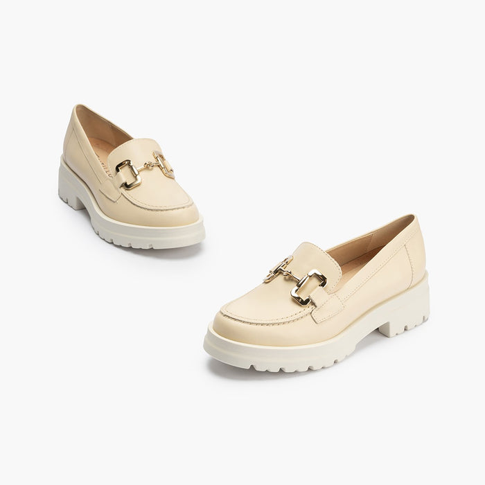 Pitillos Mocasines De Mujer En Piel Con Adorno De Estribo Y Tacón Bloque CREMA