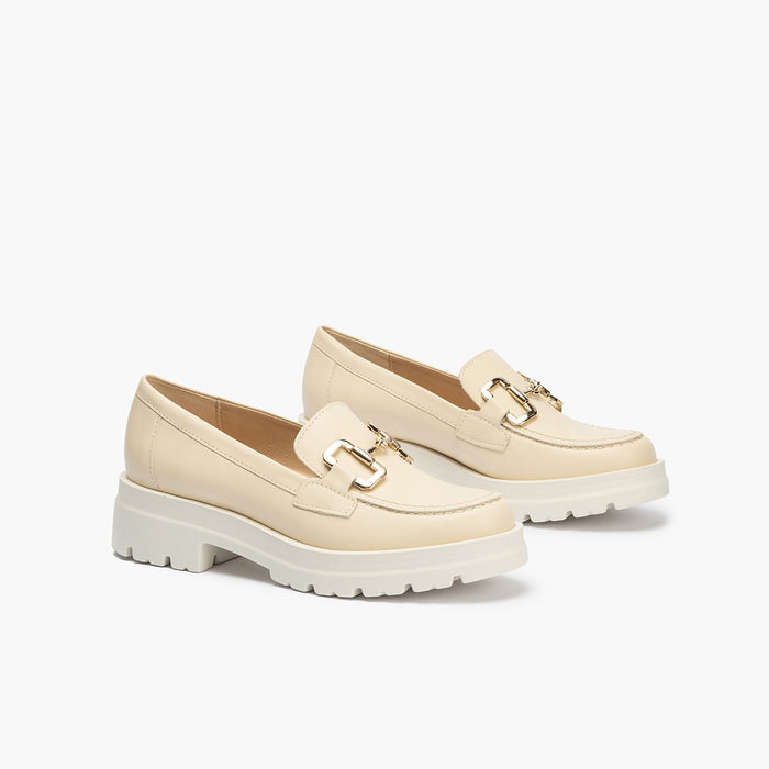 Pitillos Mocasines De Mujer En Piel Con Adorno De Estribo Y Tacón Bloque CREMA