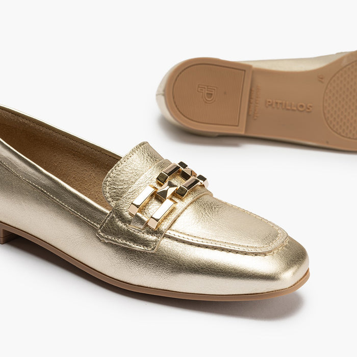 pitillos Mocasines de mujer en piel laminada con adorno y tacón bajo DORADO