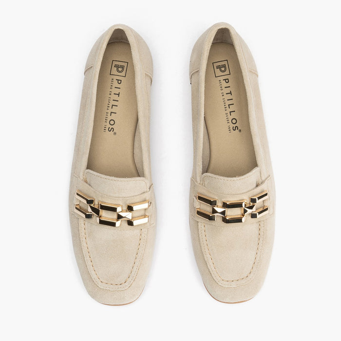 Pitillos Mocasines De Mujer En Serraje Con Adorno Y Tacón Bajo BLANCO