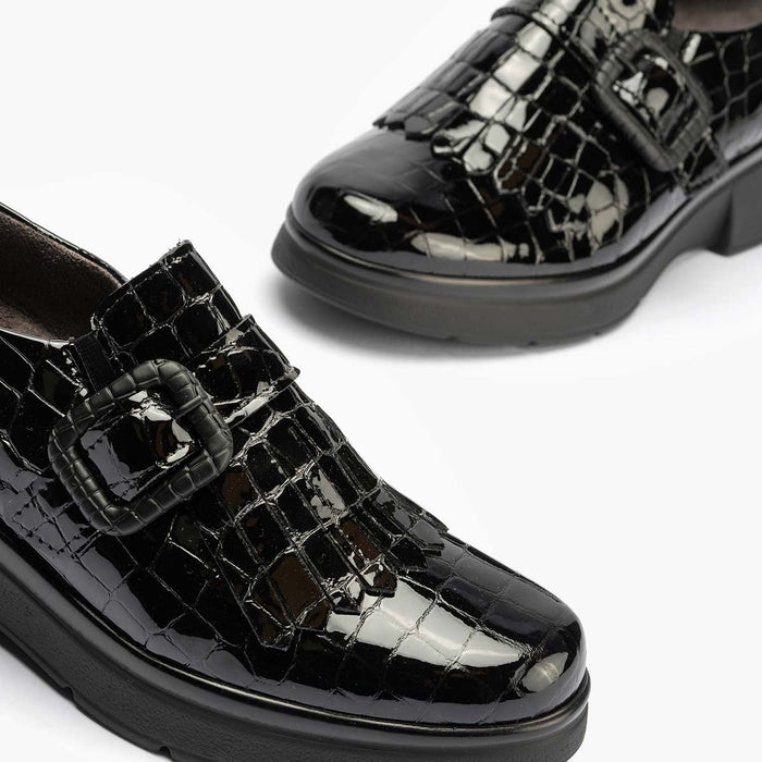 Pitillos Zapato Abotinado Flecos Coco De Mujer Color Negro