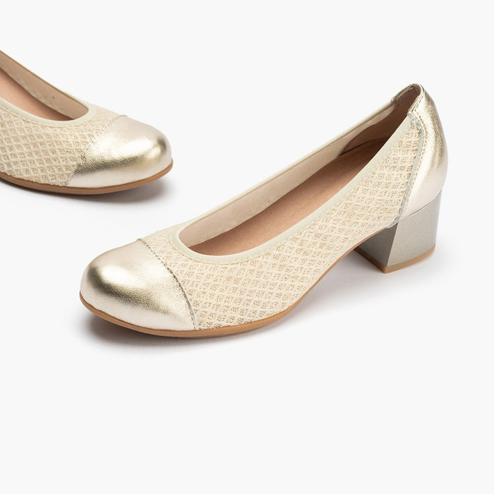 Pitillos Zapatos De Salón De Mujer Con Piel Combinada Con Textil Con Tacón Medio DORADO