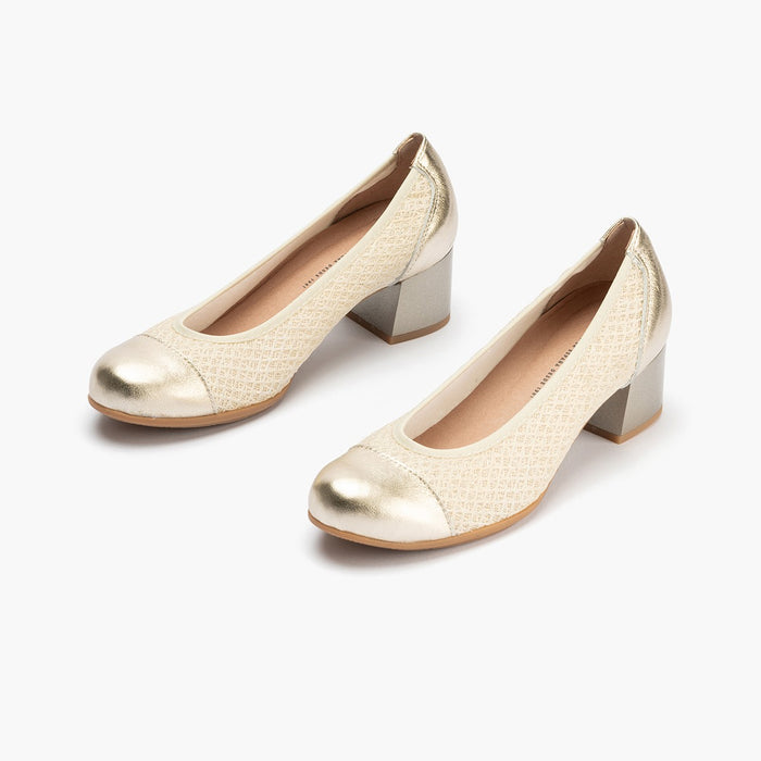 pitillos Zapatos de salón de mujer con piel combinada con textil con tacón medio DORADO
