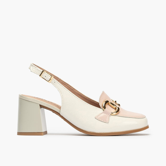 Pitillos Zapatos De Salón De Mujer Destalonado En Piel Charol Con Adorno Hebilla Metálica Y Tacón Bloque BLANCO