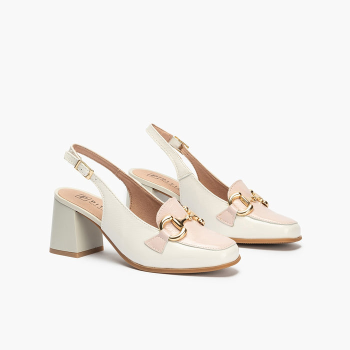 Pitillos Zapatos De Salón De Mujer Destalonado En Piel Charol Con Adorno Hebilla Metálica Y Tacón Bloque BLANCO