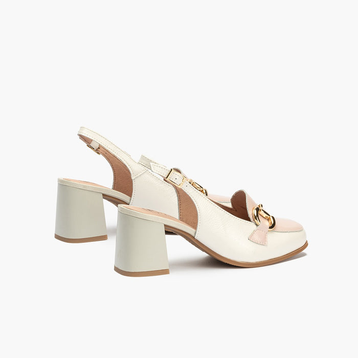 Pitillos Zapatos De Salón De Mujer Destalonado En Piel Charol Con Adorno Hebilla Metálica Y Tacón Bloque BLANCO