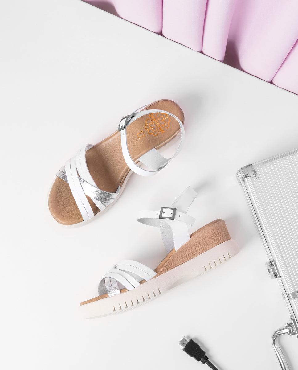 Porronet SANDALIA CUÑA PIEL BLANCO PLATA ELA