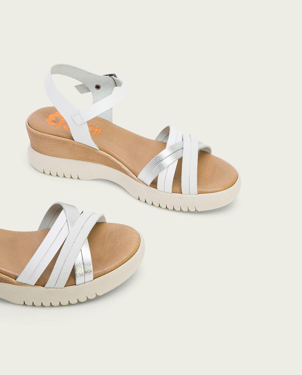 Porronet SANDALIA CUÑA PIEL BLANCO PLATA ELA