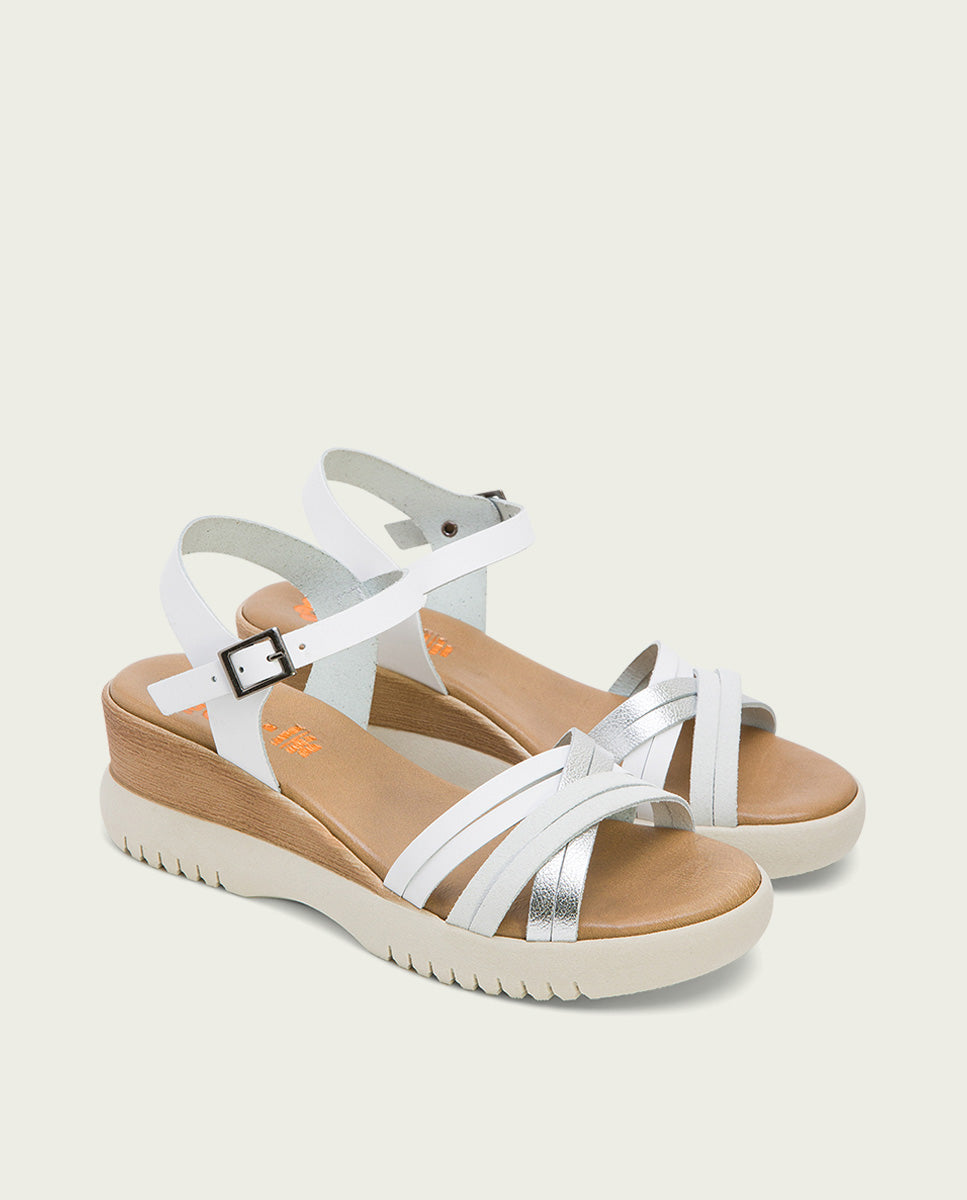 Porronet SANDALIA CUÑA PIEL BLANCO PLATA ELA