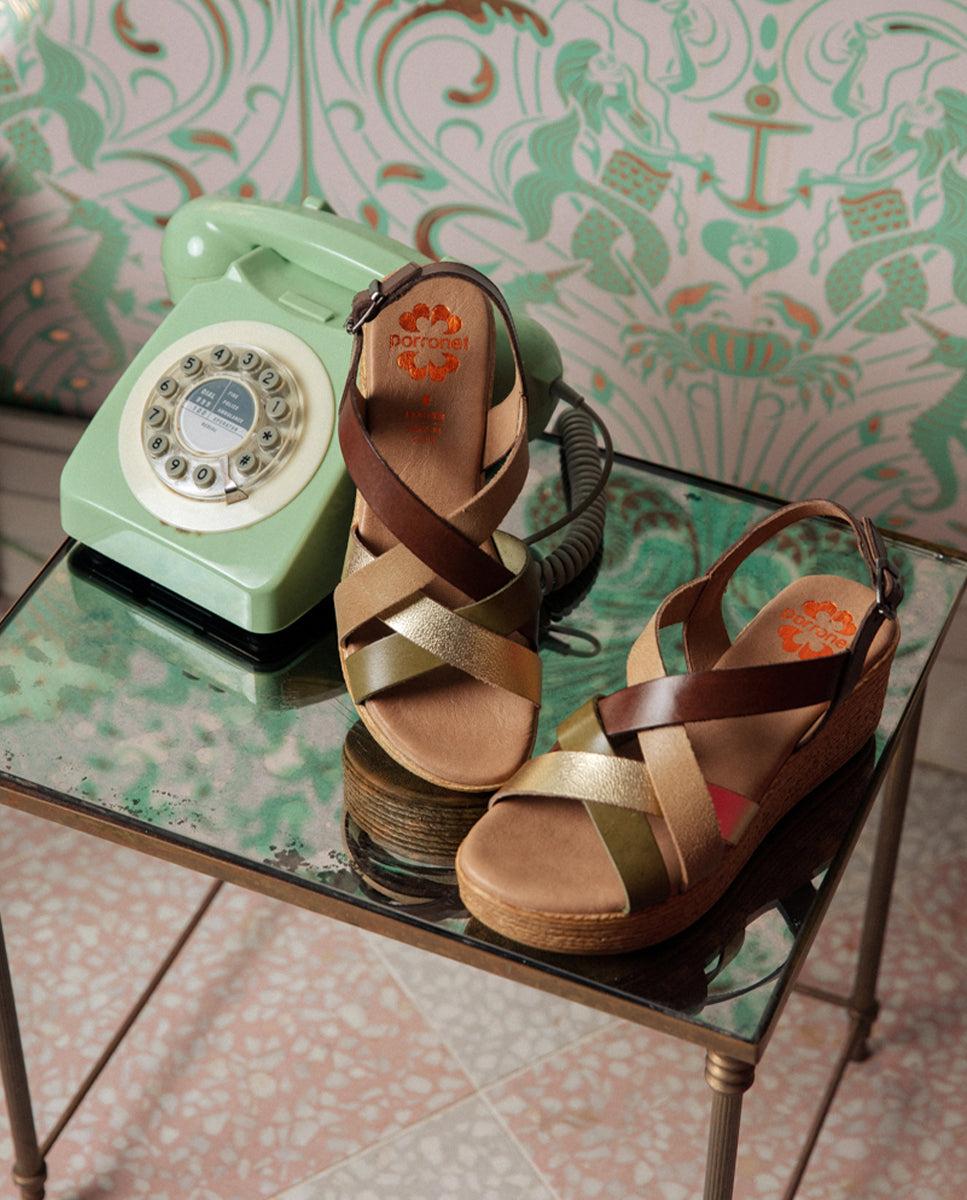 Porronet SANDALIA CUÑA PIEL MOKA PLATINO IRIS