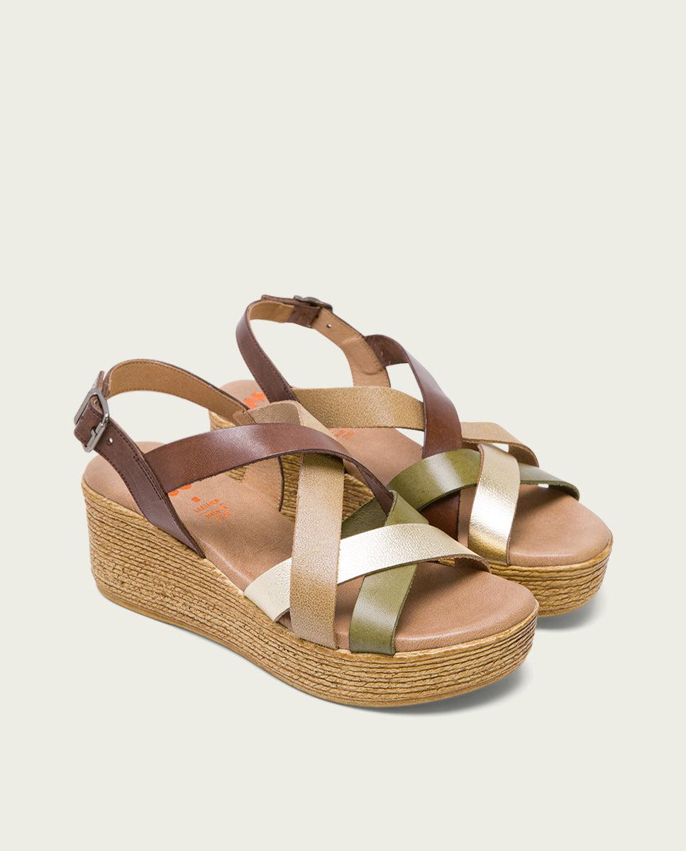 Porronet SANDALIA CUÑA PIEL MOKA PLATINO IRIS