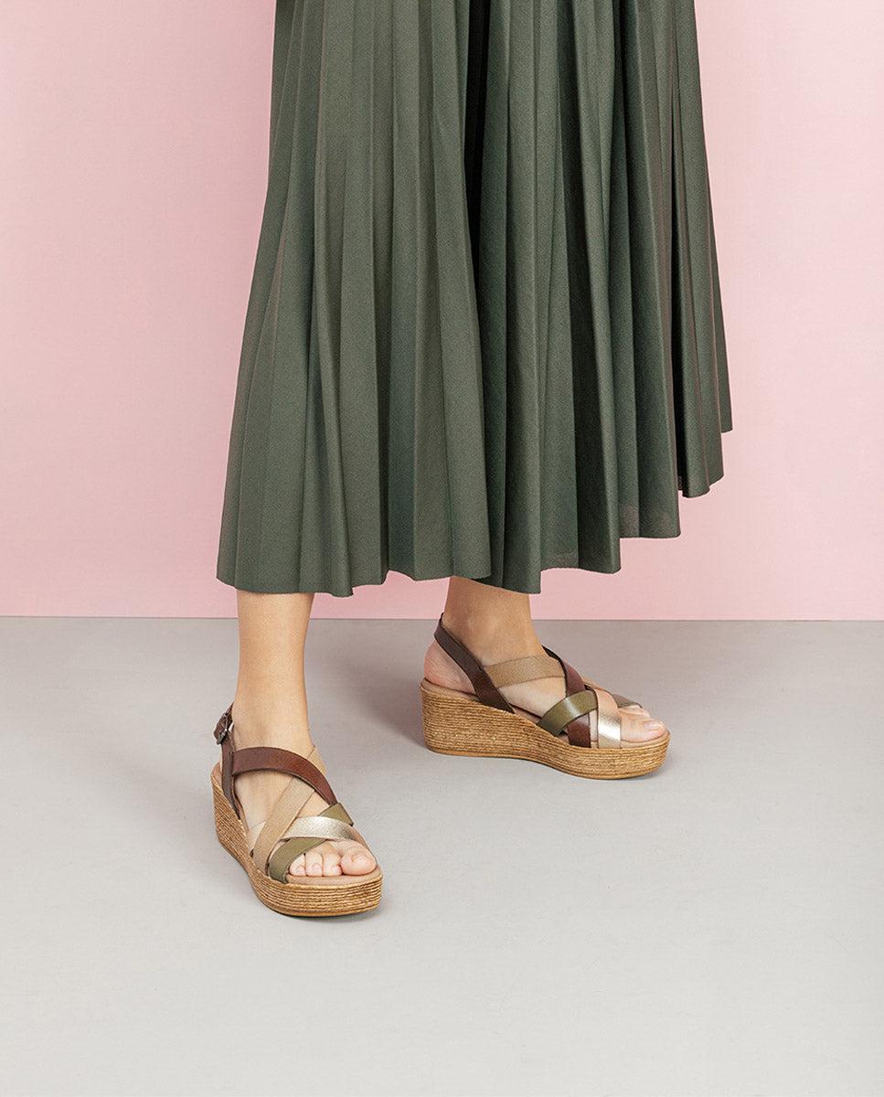 porronet SANDALIA CUÑA PIEL MOKA PLATINO IRIS