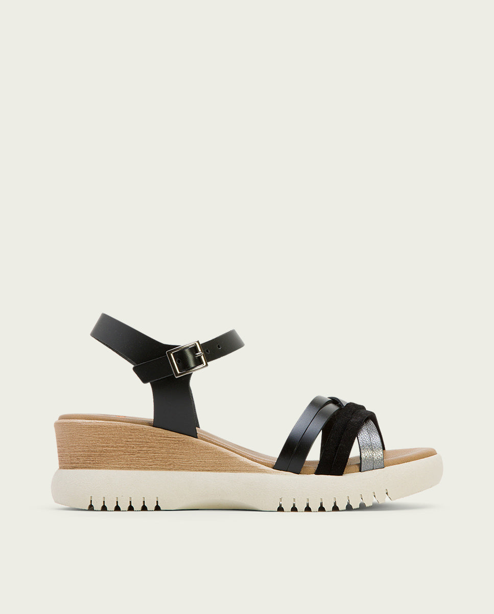 Porronet SANDALIA CUÑA PIEL NEGRA PLOMO ELA