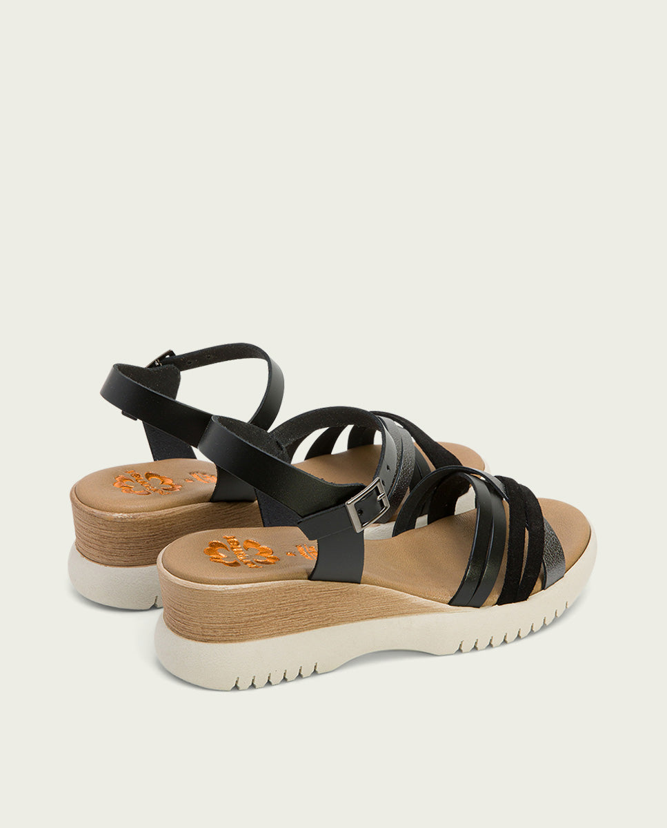 Porronet SANDALIA CUÑA PIEL NEGRA PLOMO ELA