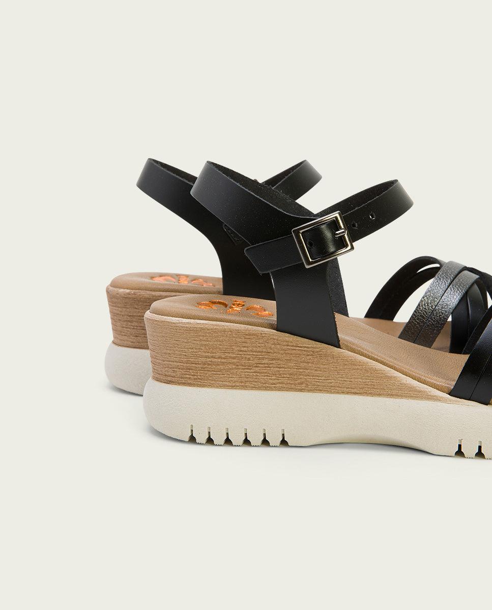 Porronet SANDALIA CUÑA PIEL NEGRA PLOMO ELA