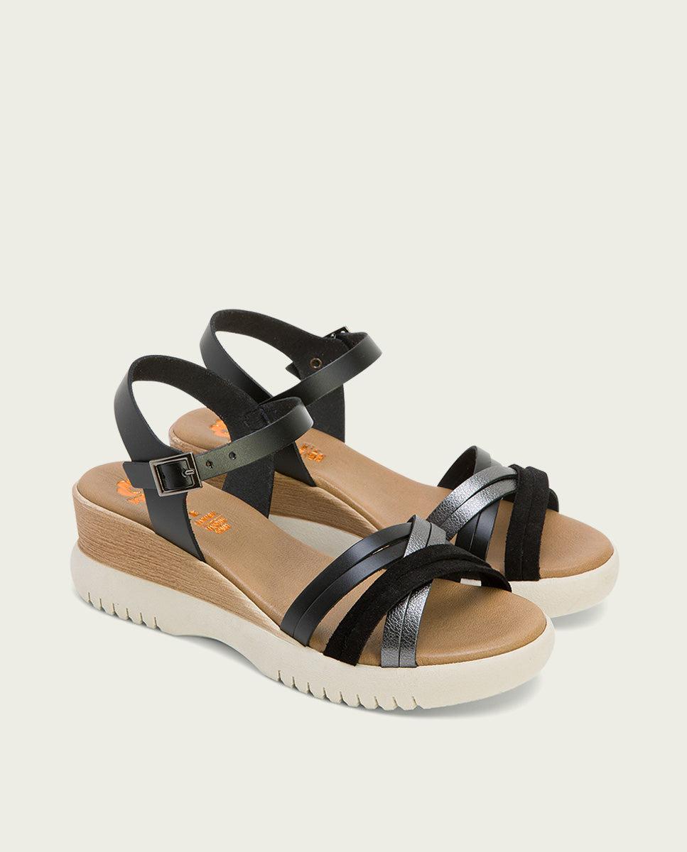 porronet SANDALIA CUÑA PIEL NEGRA PLOMO ELA