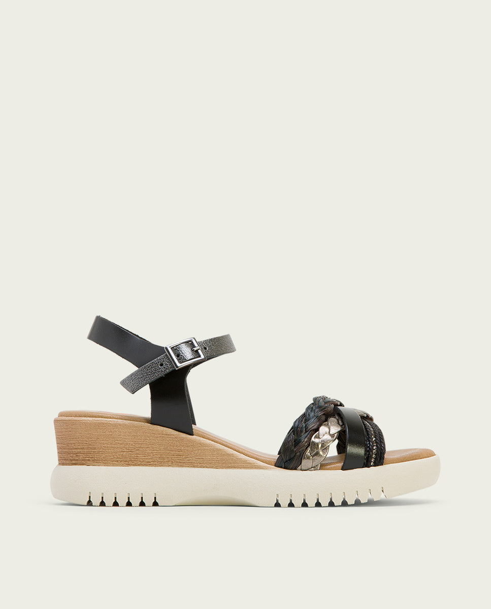 Porronet SANDALIA CUÑA PIEL NEGRO PLOMO ELENA